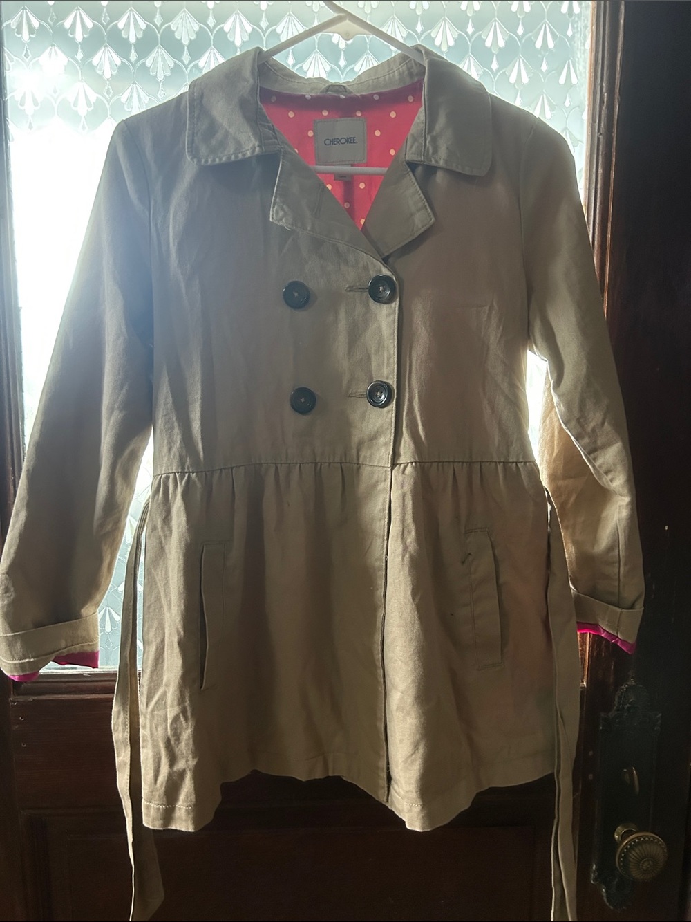 Kids Cherokee Khaki Trench Coat with Pink Polka Dot Lining